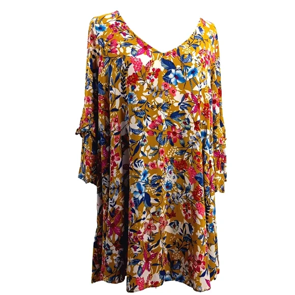 VICI ENTRO Tropical Vibe Cut Out Back Floral Print Tiered Sleeve Tunic Dress L - Picture 5 of 16
